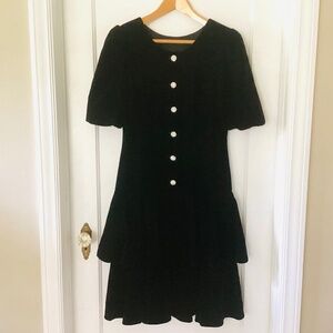 Vintage 80s Velvet Tiered Puff Sleeve Cocktail Party Dress Flounced Skirt Button